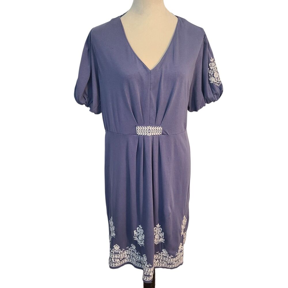 Garnet Hill Orion Embroidered Knit Dress  L Blue Organic Cotton Cottagecore Boho